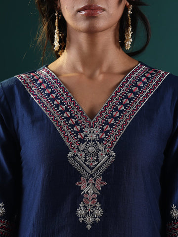 Varanga Women Blue Embroidered Straight Kurta Paired With Tonal Embroidered Bottom And With Tonal Chiffon Dotted Dupatta
